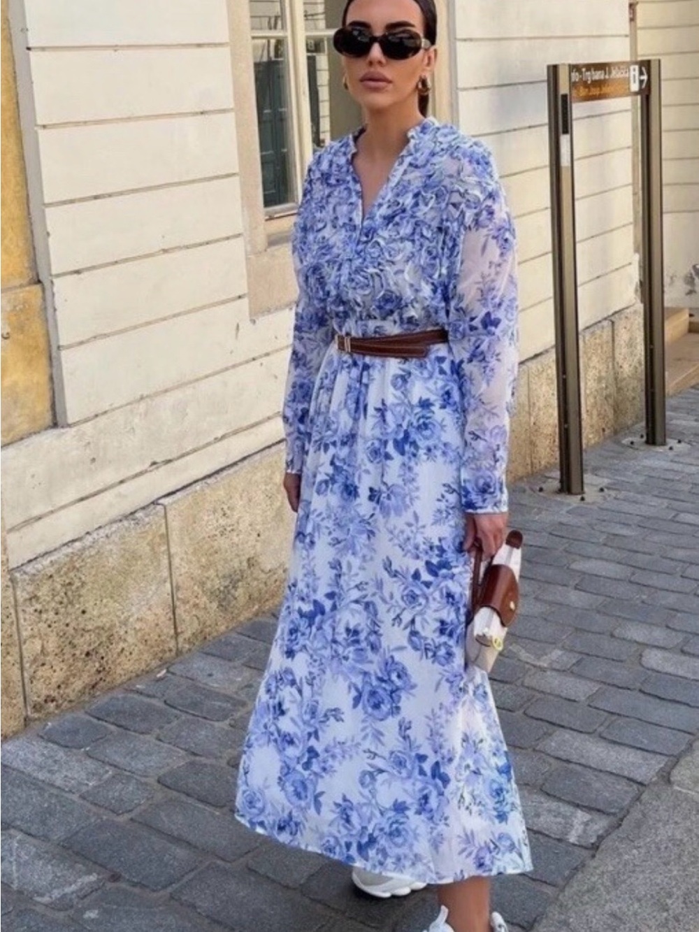 Zara Blue and White Floral Long Sleeve Maxi Dress